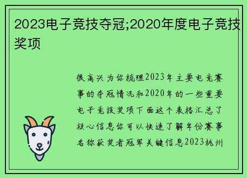 2023电子竞技夺冠;2020年度电子竞技奖项